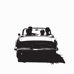 Rear View Car Ride with Friends Silhouette Vector Illustration on white background