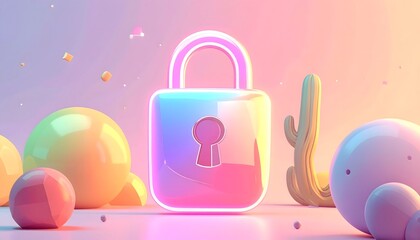 Holographic Padlock Icon Symbolizing Digital Security Privacy and Protection in a Modern Playful 3D Design