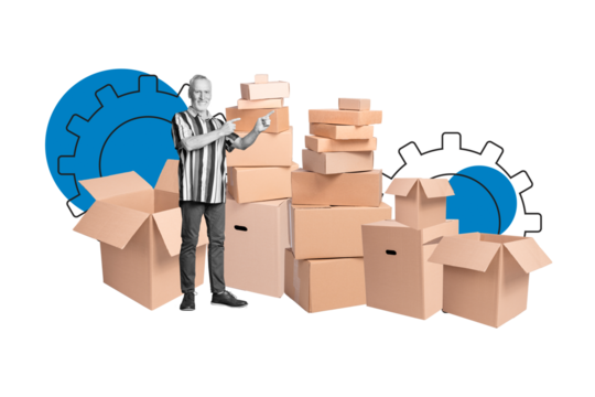 Composite photo collage of happy old man point carton box pile postal worker gearwheel settings import isolated on painted background