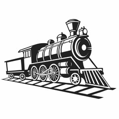 Black and white vector art of a vintage steam train with tender on railroad tracks locomotive