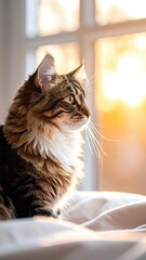 Maine Coon Cat Portrait at Sunset with Golden Light near Window in Indoor Scene