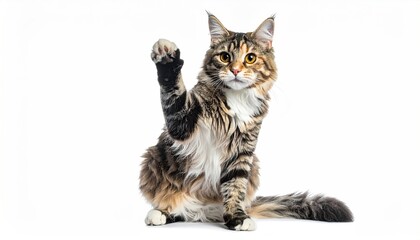 Maine Coon Cat with Brown Tabby Coat Pawing Upward in a Studio Shot on a White Background