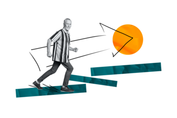 Composite photo collage of happy old man run promotion arrow career ladder growth development success isolated on painted background