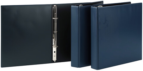The image depicts two ring binders, one open and one closed, used for organizing documents, storing hole-punched paper, and creating a durable reference collection.