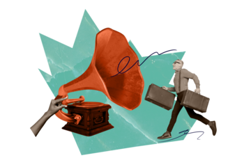 Composite trend artwork 3D sketch image photo collage of carefree party obsolete vintage vinyl recorder gramophone man run baggage travel