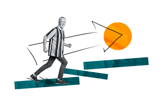 Composite photo collage of happy old man run promotion arrow career ladder growth development success isolated on painted background