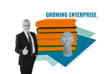 Composite trend artwork sketch image collage of pile book study education growing enterprise aged man suit thumb gesture like stone head