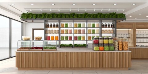 Modern zero waste shop interior displaying bulk food in jars and sustainable products