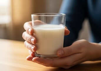 Woman's hands holding a glass filled with fresh milk, a symbol of nourishment and simple pleasure bringing vitality