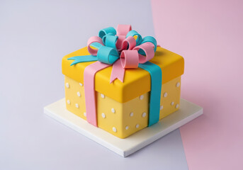 Naklejka premium Creative yellow cake decorated like a gift box with ribbon bow
