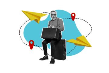 Creative picture collage mature man sit wait departure paper airplane cancel flight delay geo location destination mark gps route