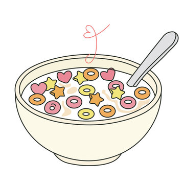 Flat cute illustration of a cereal bowl with milk, perfect for breakfast, nutrition, and healthy food projects.