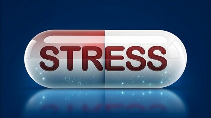Stress relief concept with medical capsule pill on blue background
