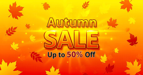A glowing autumn-themed poster featuring the bold text "Autumn Sale" with falling golden and red leaves highlighting seasonal discounts up to fifty percent off in a festive and vibrant fall design  