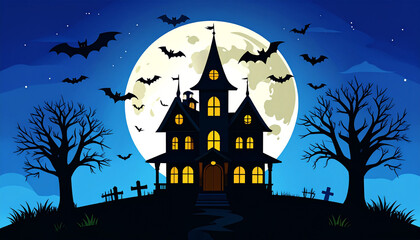 Spooky Haunted House Silhouette with Full Moon and Flying Bats - Halloween Graphic