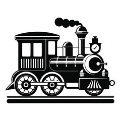 Black silhouette of a charming vintage steam train with a clock on the engine and smoke on a white background