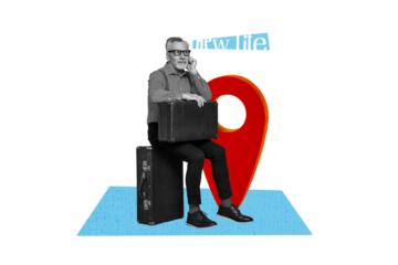 Composite photo collage of happy old man sit suitcase summer travel preparation new life move relocation geo isolated on painted background