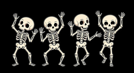 A row of four cheerful cartoon skeletons raising their arms and dancing excitedly against a dark background giving off a fun and spooky vibe filled with Halloween energy and playful movement  