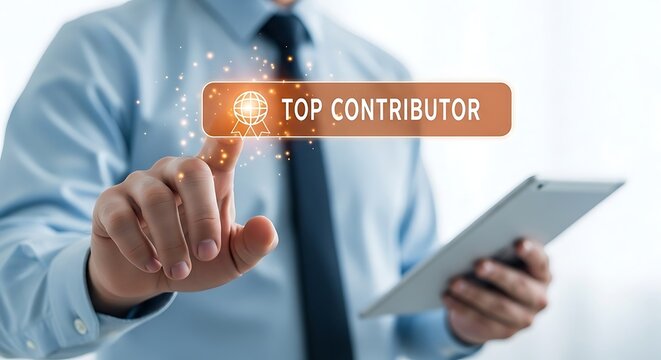 Man touching a digital screen displaying 'Top Contributor' award