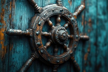 Fototapeta premium Rustic wooden ship's wheel with metal accents against a distressed teal background, embodying vintage nautical charm and maritime history.