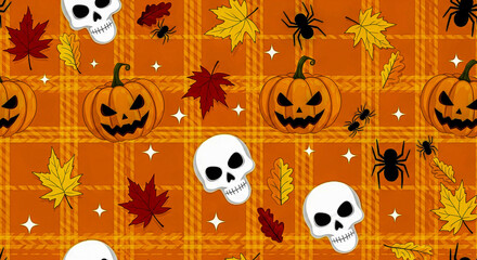 An autumn plaid-inspired Halloween pattern filled with sinister pumpkins skulls colorful fall leaves and creepy spiders crawling blending festive fall coziness with spooky haunted Halloween energy  
