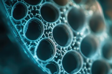 Close-up of a glowing blue-green intricate lattice structure with circular pores, suggesting advanced materials, biomimicry, or a microscopic view with depth.