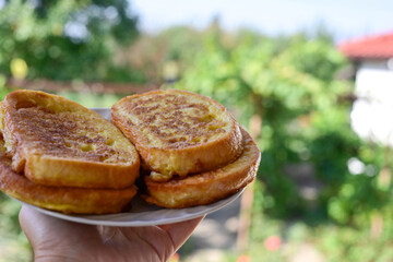 French toast  and white cheese. Rustic breakfast  made from deep fried   bread   with organic free range   eggs