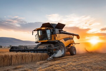 Fototapeta premium Large yellow combine harvester working in a golden wheat field, cutting grain and kicking up dust at sunset or sunrise during the summer harvest season.