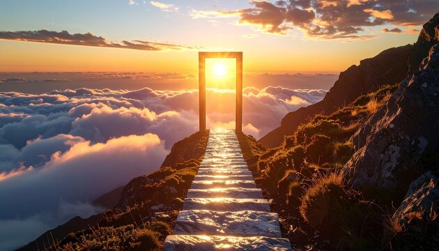 A breathtaking vista reveals a pathway to the heavens, marked by a majestic gateway at sunrise.