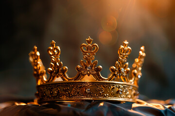 Fantastic beautiful king or queen crown from vivid gold material for coronation, abstract vivid composition consists of fictional unreal fantastic vision on background for diverse creative work