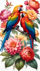 Fototapeta premium Colorful macaw parrots with vibrant floral artwork high resolution picture