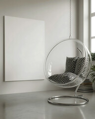 Modern Living Room Interior with Acrylic Bubble Chair and Blank Canvas Ready for Art Display and Contemporary Home Decor Ideas