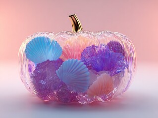 Minimalist-Style High-Res Glass Pumpkin Product Shot: Pastel Purple/Blue Seashells Inside (Pink Gradient & White Background, Toy-Like Proportions, Fluid Form)