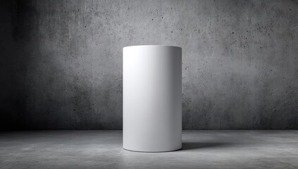 A cylinder-shaped, blank, white display stand positioned against a textured gray concrete backdrop.