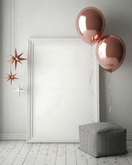 Festive Mockup with Rose Gold Balloons and Star Decorations Creating a Celebratory Atmosphere for Displaying Art or Messages