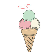 Cute flat style ice cream cone with three scoops in pastel colors, perfect for dessert, summer, or lifestyle illustrations.