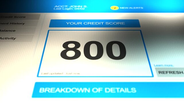 Camera pans across a credit score of 800 on generic website