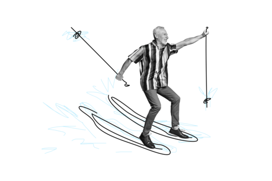 Poster collage image of funny crazy elderly man ski sport have fun isolated on creative drawing background - Powered by Adobe