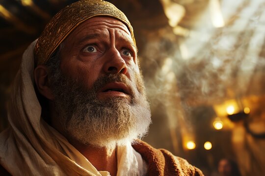 Zechariah, startled in the temple, listens intently as the angel Gabriel delivers news about John's birth.
