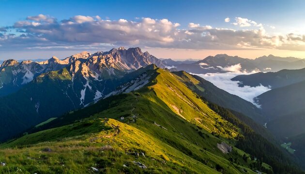 Panoramic sunset view of a mountain range, showing rolling hills and valleys covered in green vegetation, with a clear blue sky and fluffy clouds - Powered by Adobe