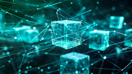 Futuristic glowing blockchain network technology abstract digital art connecting cubes data cyberspace innovation future growth concept
