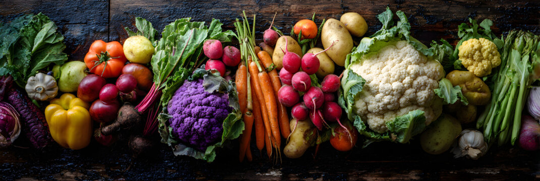 An abundant and colorful display of fresh, raw vegetables laid out on a dark, textured surface, emphasizing variety and healthy eating