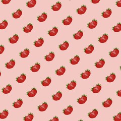Seamless pattern of fresh red strawberries on a soft pink background. 
