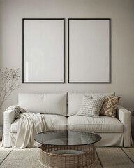clean modern mockup of living room wall with two white poster frames