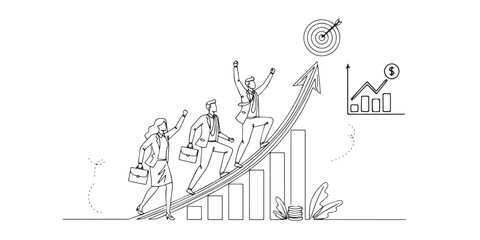 Minimal line art vector illustration of a business team celebrating success and achieving growth. Simple, clean, and modern design suitable for business presentations, reports, and infographics.