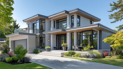 Modern architectural design showcases contemporary home with large windows, sleek lines, and beautifully landscaped garden, creating inviting