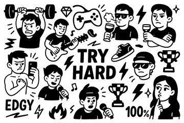 Try hard doodle composition with cool people, sunglasses, fitness and trendy lifestyle symbols, Transparent Background