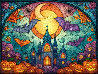 Colorful stained glass display featuring a spooky castle, flying bats, and pumpkins under a full moon on a Halloween night