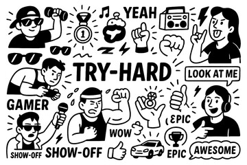 Try hard doodle composition with cool people, sunglasses, fitness and trendy lifestyle symbols, Transparent Background