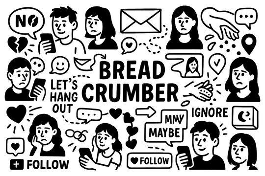 Breadcrumbing doodle composition with sad faces, mixed signals and online dating symbols, Transparent Background